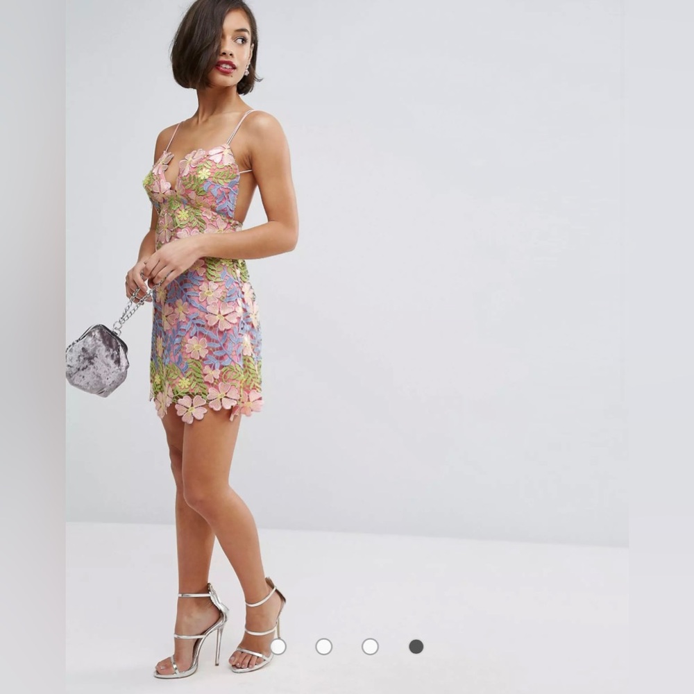 Asos 4 Salon 3D Applique Super Mini Floral Guipure Embroidered Lace Dress Pink - Picture 11 of 16